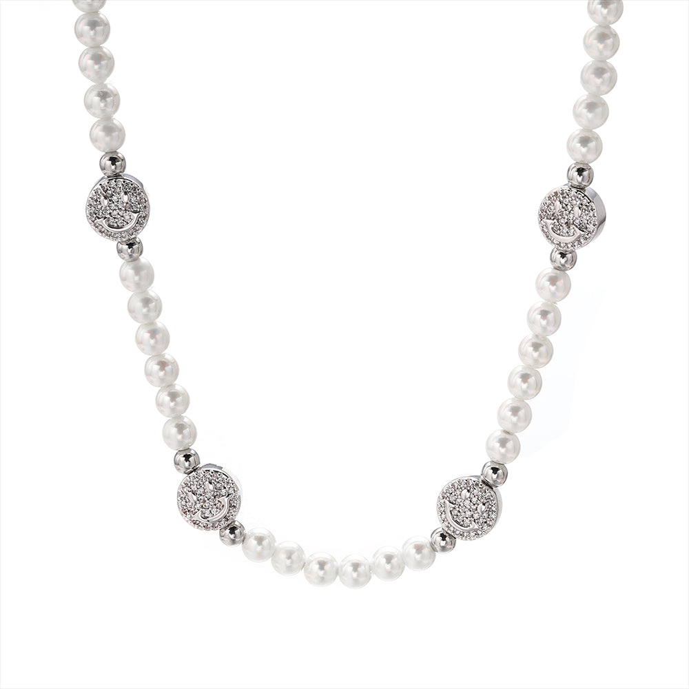 Pearl & Iced Face Motif Chain In White Gold